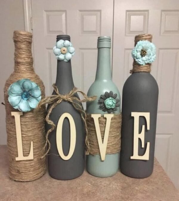 Handcrafted "LOVE" Wine Bottle Decor Set